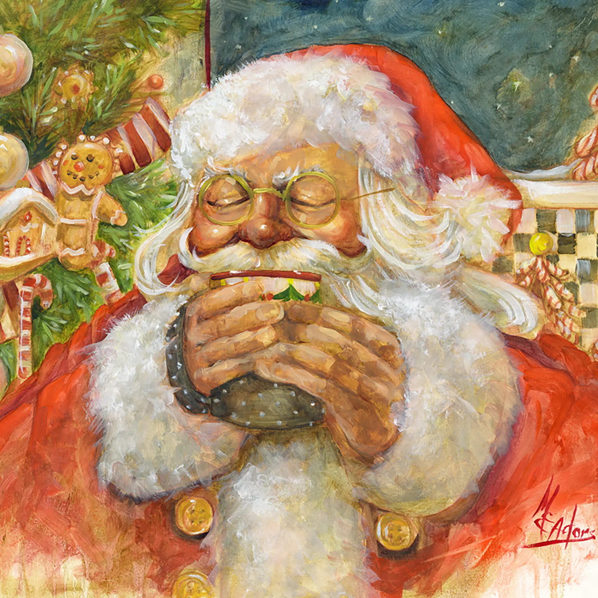 Hot Chocolate Santa — Oil on canvas, 20" × 20"