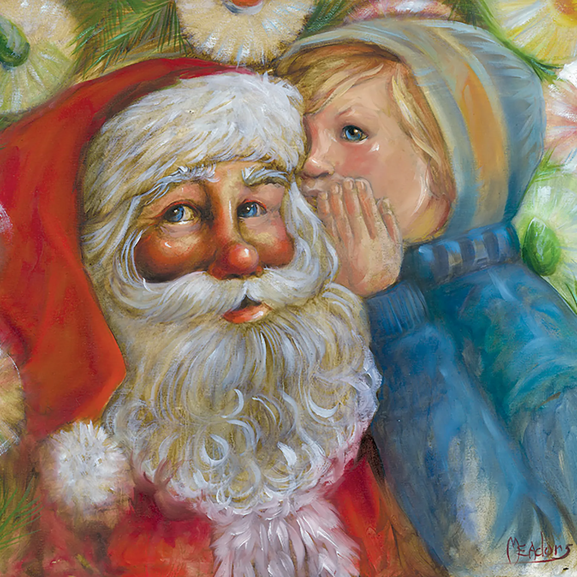 Whispering My Christmas Wish, Boy, a Celia Meadors original Santa painting