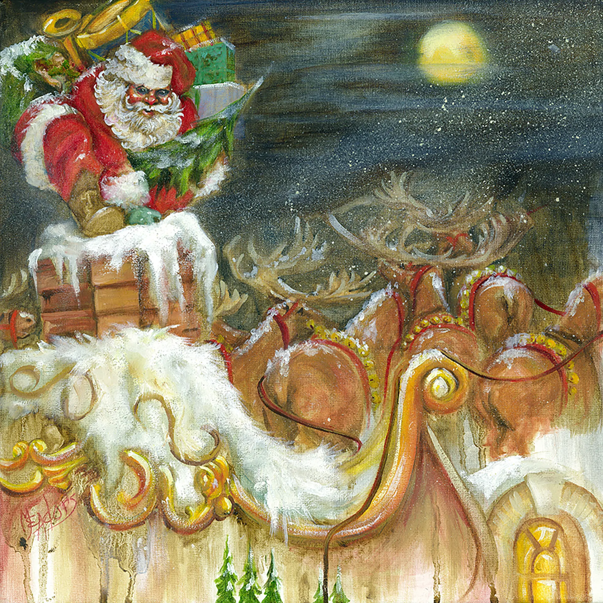 On the Roof, a Celia Meadors original Santa painting